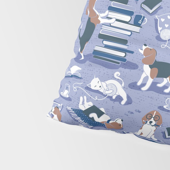 Life is better with books a hot drink and a friend // indigo blue background brown white and blue beagles and cats and classic blue cozy details Pillow Sham Gallery Image 4