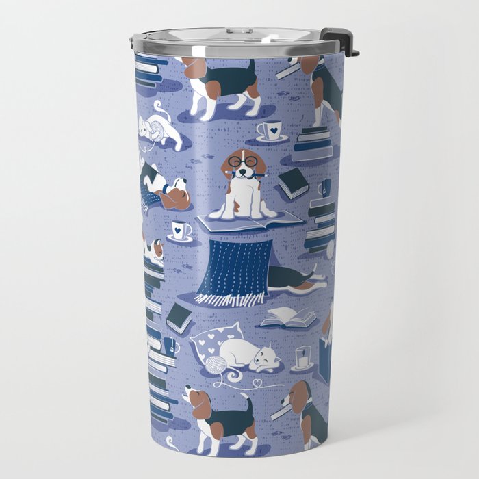Life is better with books a hot drink and a friend // indigo blue background brown white and blue beagles and cats and classic blue cozy details Travel Mug Gallery Image 2