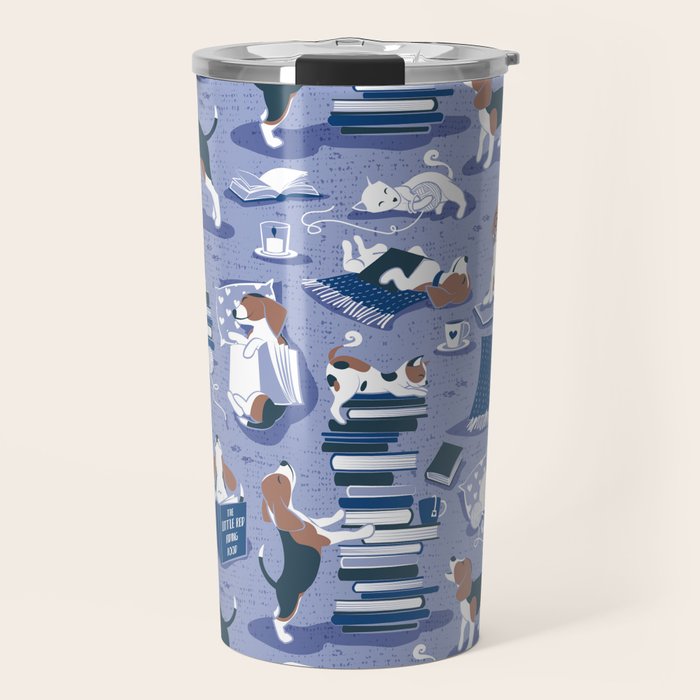 Life is better with books a hot drink and a friend // indigo blue background brown white and blue beagles and cats and classic blue cozy details Travel Mug Gallery Image 1