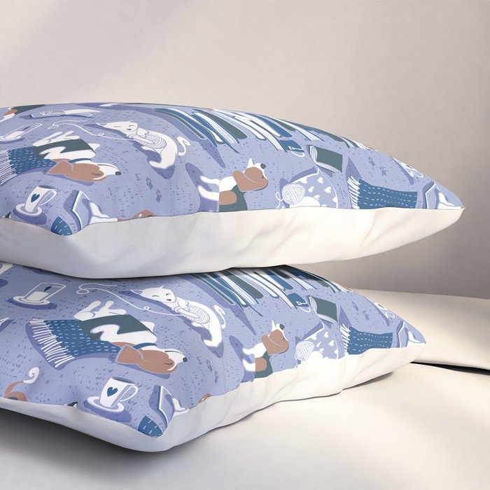 Life is better with books a hot drink and a friend // indigo blue background brown white and blue beagles and cats and classic blue cozy details Pillow Sham Gallery Image 3