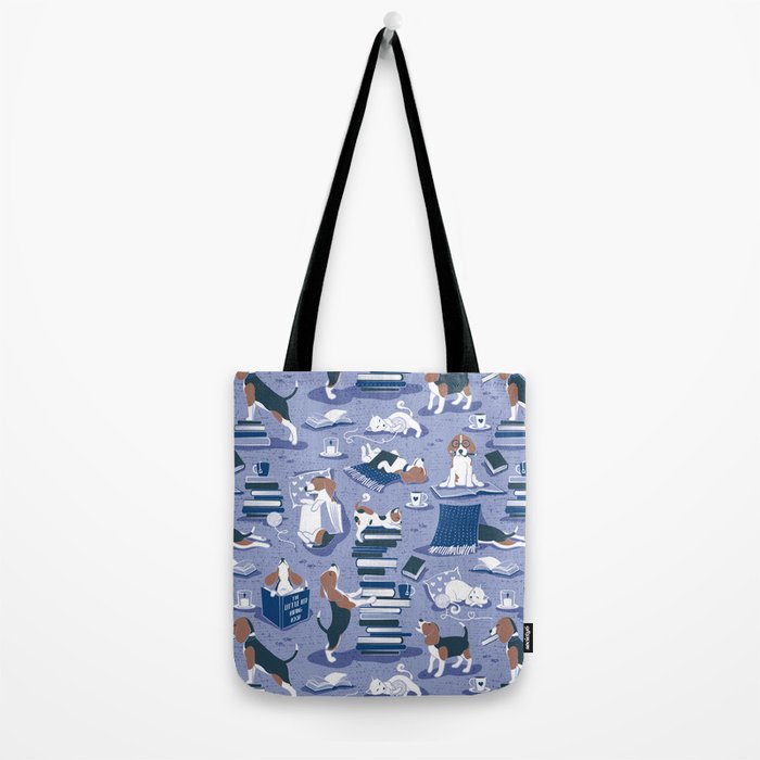 Life is better with books a hot drink and a friend // indigo blue background brown white and blue beagles and cats and classic blue cozy details Tote Bag Gallery Image 2