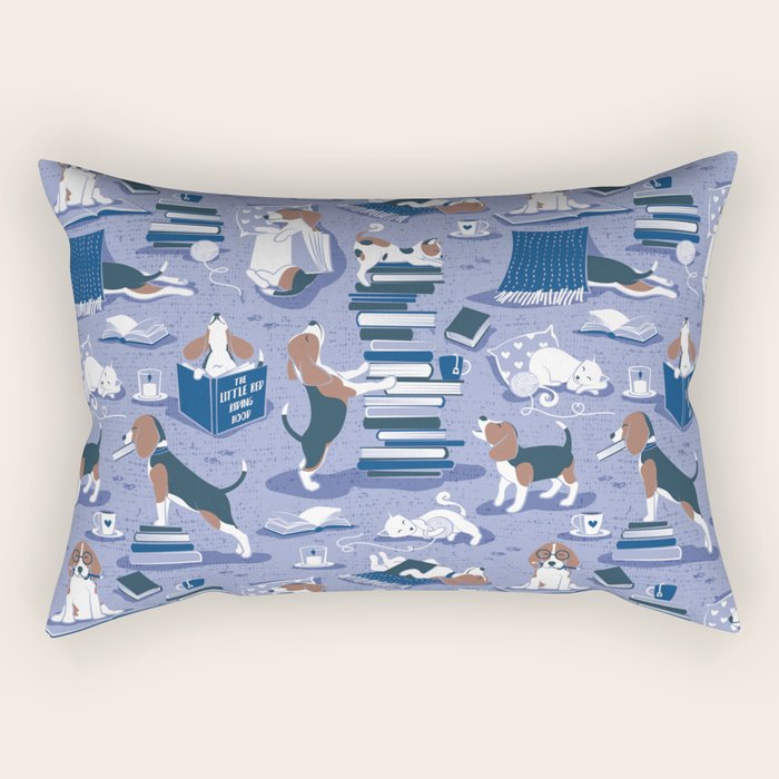 Life is better with books a hot drink and a friend // indigo blue background brown white and blue beagles and cats and classic blue cozy details Rectangular Pillow Gallery Image 2
