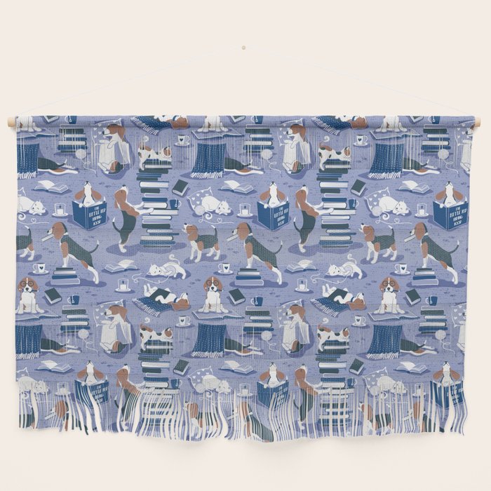 Life is better with books a hot drink and a friend // indigo blue background brown white and blue beagles and cats and classic blue cozy details Wall Hanging Gallery Image 1
