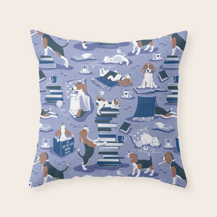 Life is better with books a hot drink and a friend // indigo blue background brown white and blue beagles and cats and classic blue cozy details Throw Pillow Gallery Image 6