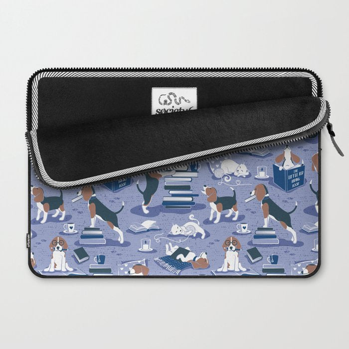 Life is better with books a hot drink and a friend // indigo blue background brown white and blue beagles and cats and classic blue cozy details Laptop Sleeve Gallery Image 2