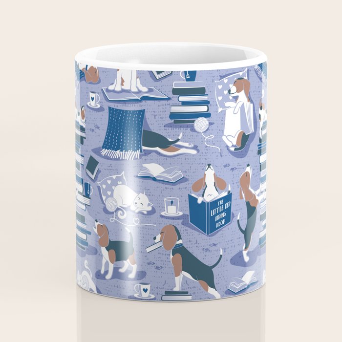 Life is better with books a hot drink and a friend // indigo blue background brown white and blue beagles and cats and classic blue cozy details Coffee Mug Gallery Image 4