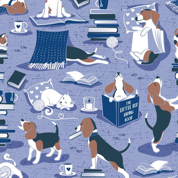 Life is better with books a hot drink and a friend // indigo blue background brown white and blue beagles and cats and classic blue cozy details Coffee Mug Gallery Image 2