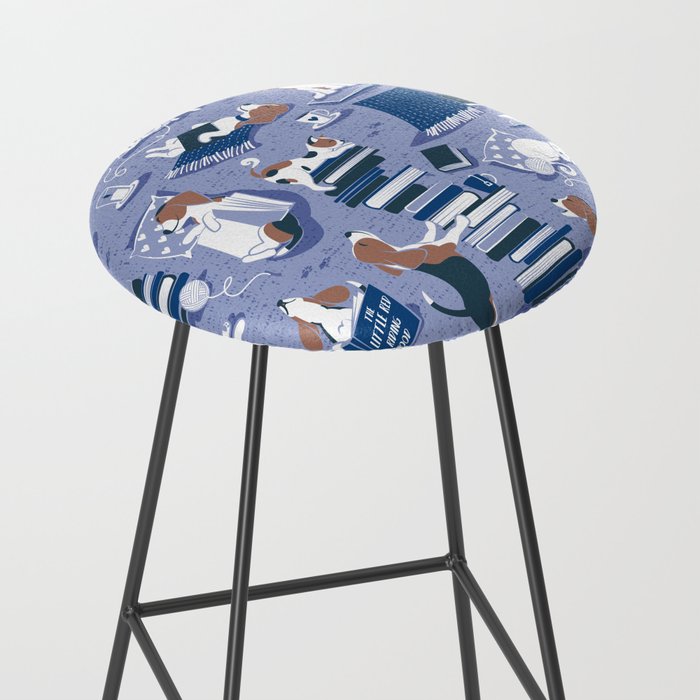 Life is better with books a hot drink and a friend // indigo blue background brown white and blue beagles and cats and classic blue cozy details Stool Gallery Image 2