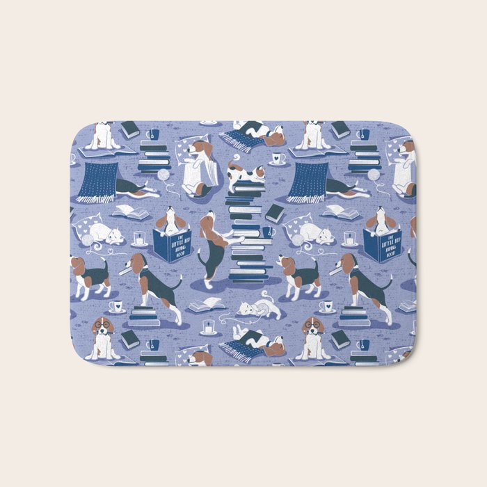 Life is better with books a hot drink and a friend // indigo blue background brown white and blue beagles and cats and classic blue cozy details Bath Mat Gallery Image 1