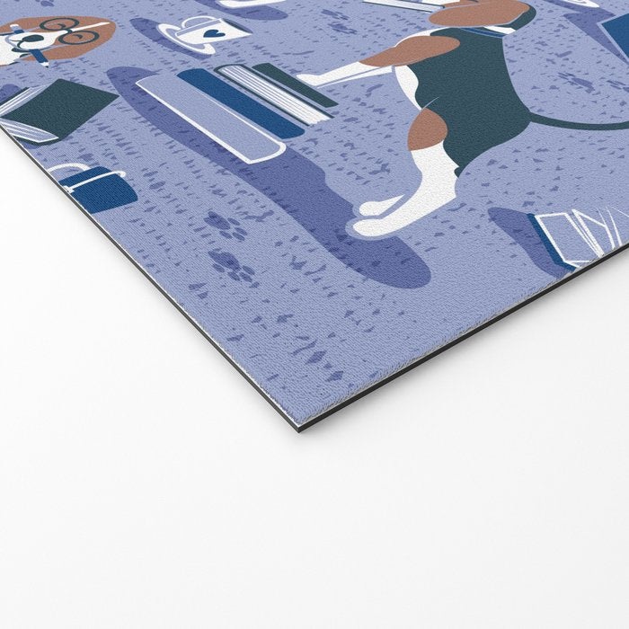 Life is better with books a hot drink and a friend // indigo blue background brown white and blue beagles and cats and classic blue cozy details Welcome Mat Gallery Image 2