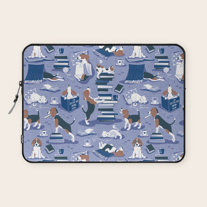 Life is better with books a hot drink and a friend // indigo blue background brown white and blue beagles and cats and classic blue cozy details Laptop Sleeve Gallery Image 1