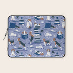Life is better with books a hot drink and a friend // indigo blue background brown white and blue beagles and cats and classic blue cozy details Laptop Sleeve Gallery Image 1