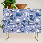 Life is better with books a hot drink and a friend // indigo blue background brown white and blue beagles and cats and classic blue cozy details Credenza Gallery Image 1
