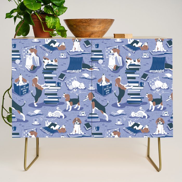 Life is better with books a hot drink and a friend // indigo blue background brown white and blue beagles and cats and classic blue cozy details Credenza Gallery Image 1