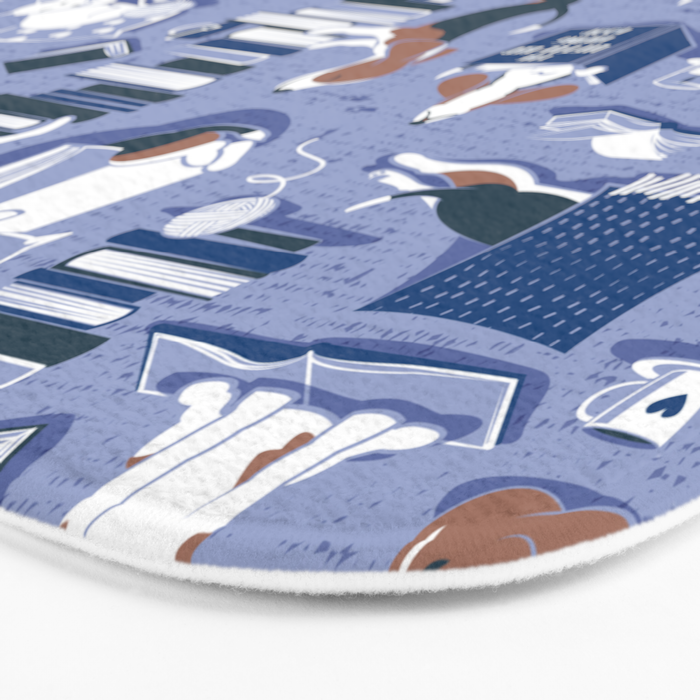 Life is better with books a hot drink and a friend // indigo blue background brown white and blue beagles and cats and classic blue cozy details Bath Mat Gallery Image 3