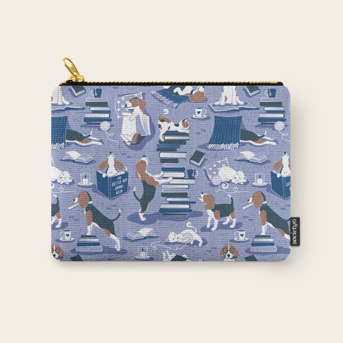 Life is better with books a hot drink and a friend // indigo blue background brown white and blue beagles and cats and classic blue cozy details Carry All Pouch Gallery Image 1