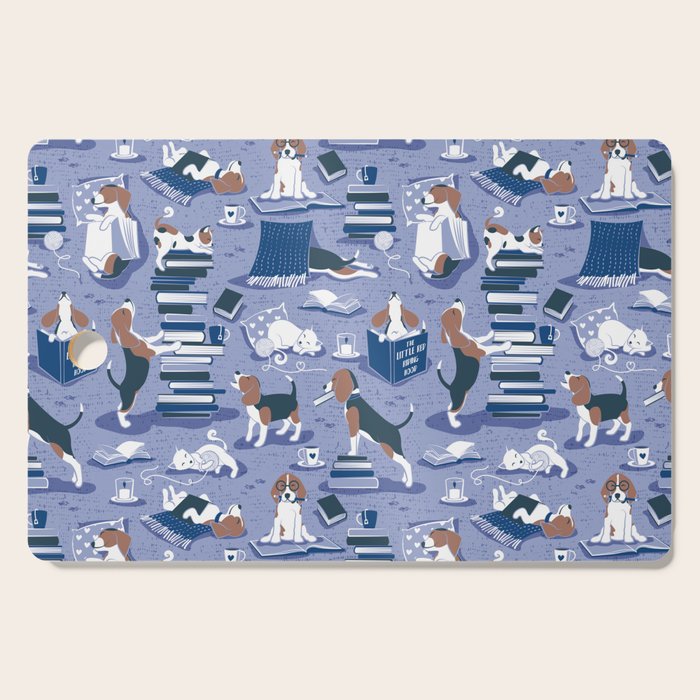 Life is better with books a hot drink and a friend // indigo blue background brown white and blue beagles and cats and classic blue cozy details Cutting Board Gallery Image 1