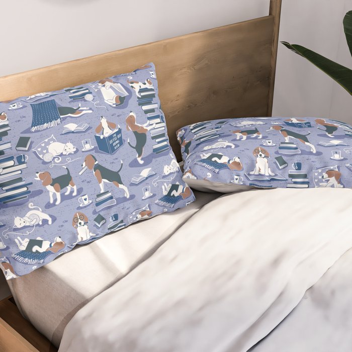 Life is better with books a hot drink and a friend // indigo blue background brown white and blue beagles and cats and classic blue cozy details Pillow Sham Gallery Image 2