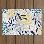 Floral Leaves and Blooms, Yellow, Gray, Teal, Navy Outdoor Rug Gallery Image 1