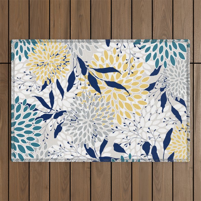 Floral Leaves and Blooms, Yellow, Gray, Teal, Navy Outdoor Rug Gallery Image 1