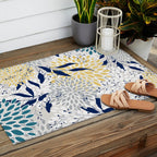 Floral Leaves and Blooms, Yellow, Gray, Teal, Navy Outdoor Rug Gallery Image 2