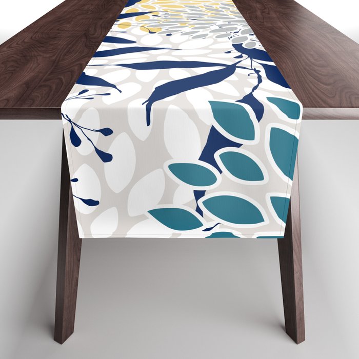 Floral Leaves and Blooms, Yellow, Gray, Teal, Navy Table Runner Gallery Image 1