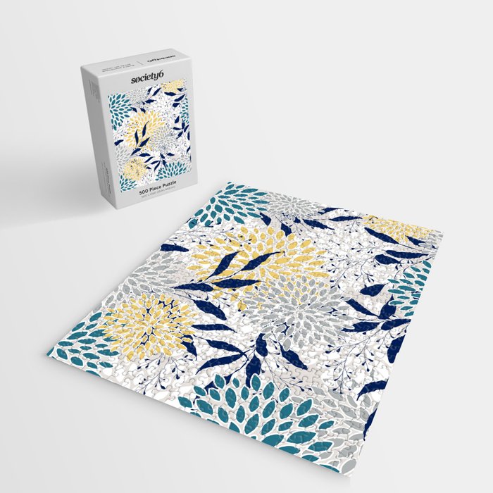 Floral Leaves and Blooms, Yellow, Gray, Teal, Navy Jigsaw Puzzle Gallery Image 2