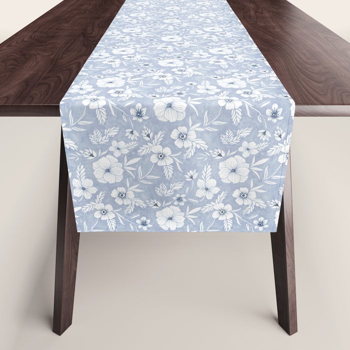 Hand drawn blue and white florals Table Runner Gallery Image 1