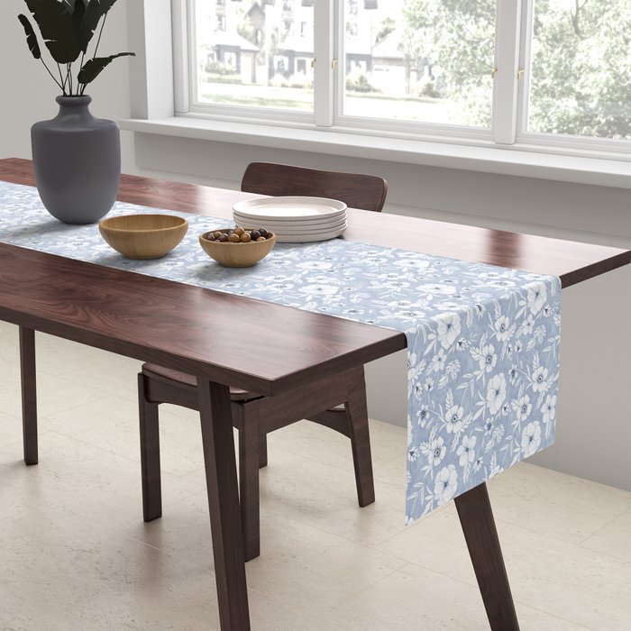 Hand drawn blue and white florals Table Runner Gallery Image 2