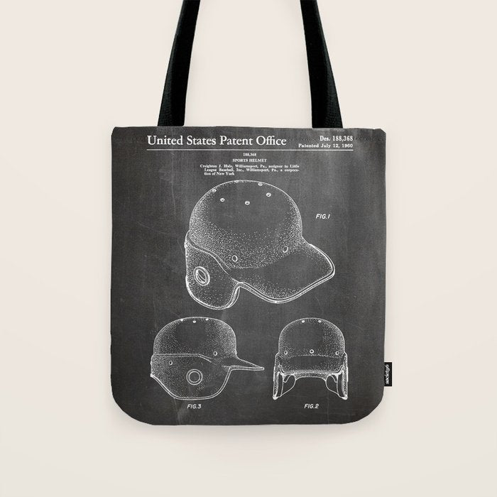 Baseball Helmet Patent - Baseball Player Art - Black Chalkboard Tote Bag Gallery Image 1