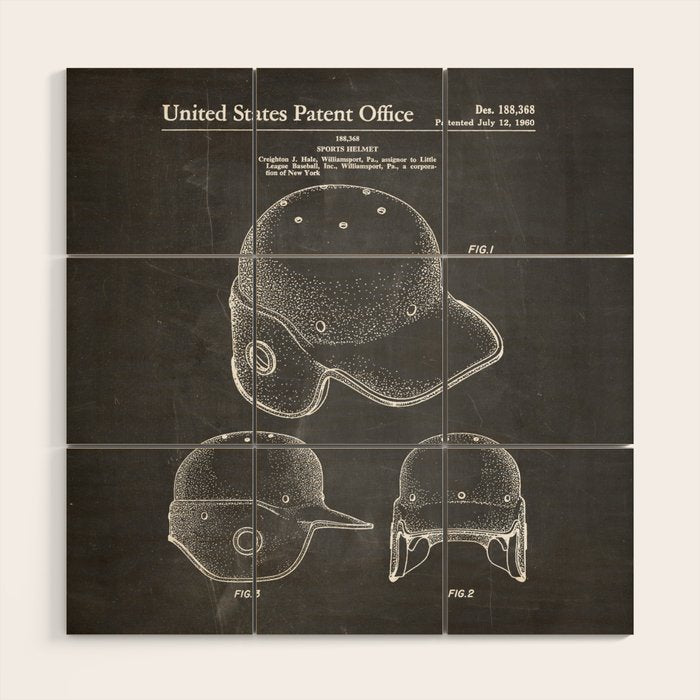 Baseball Helmet Patent - Baseball Player Art - Black Chalkboard Wood Wall Art Gallery Image 1