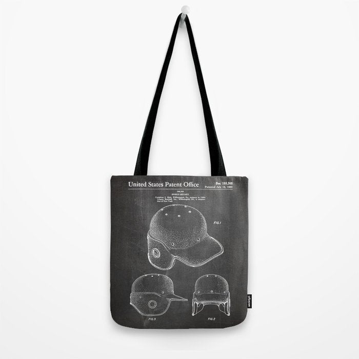 Baseball Helmet Patent - Baseball Player Art - Black Chalkboard Tote Bag Gallery Image 2