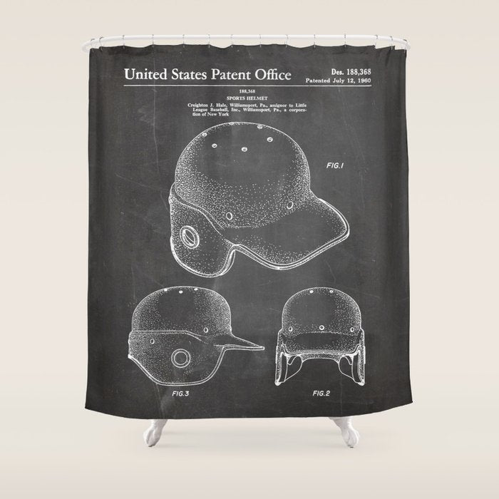 Baseball Helmet Patent - Baseball Player Art - Black Chalkboard Shower Curtain Gallery Image 1