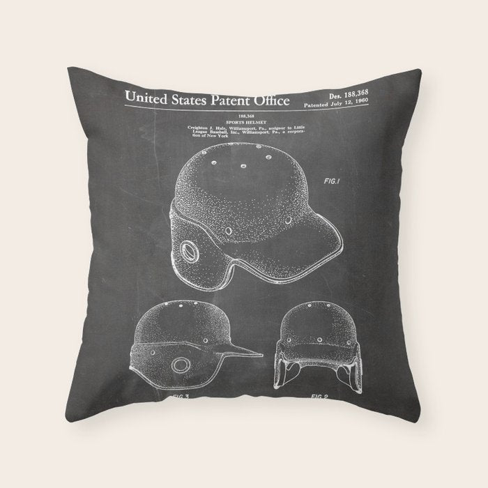 Baseball Helmet Patent - Baseball Player Art - Black Chalkboard Throw Pillow Gallery Image 1
