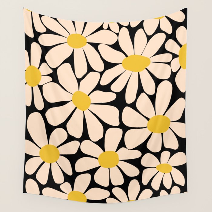 Retro Fun Floral - Off-white, Yellow and Black Wall Tapestry Gallery Image 1
