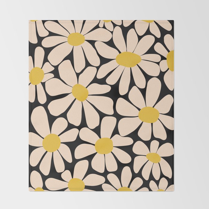 Retro Fun Floral - Off-white, Yellow and Black Throw Blanket Gallery Image 2