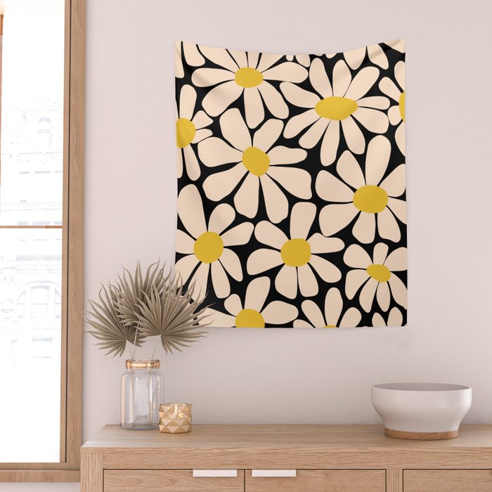 Retro Fun Floral - Off-white, Yellow and Black Wall Tapestry Gallery Image 2