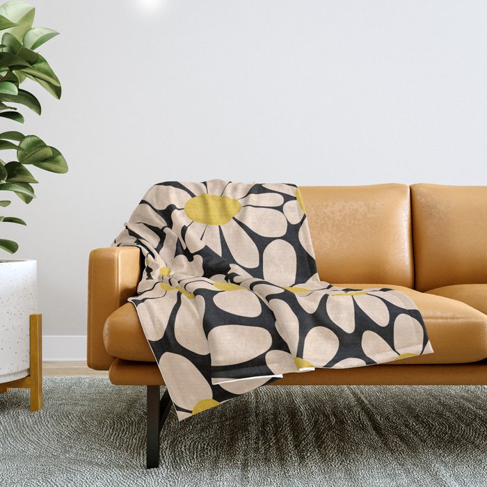 Retro Fun Floral - Off-white, Yellow and Black Throw Blanket Gallery Image 1