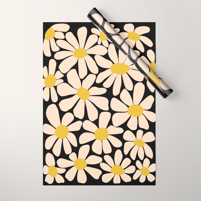 Retro Fun Floral - Off-white, Yellow and Black Wrapping Paper Gallery Image 1