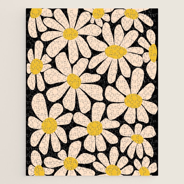Retro Fun Floral - Off-white, Yellow and Black Jigsaw Puzzle Gallery Image 1