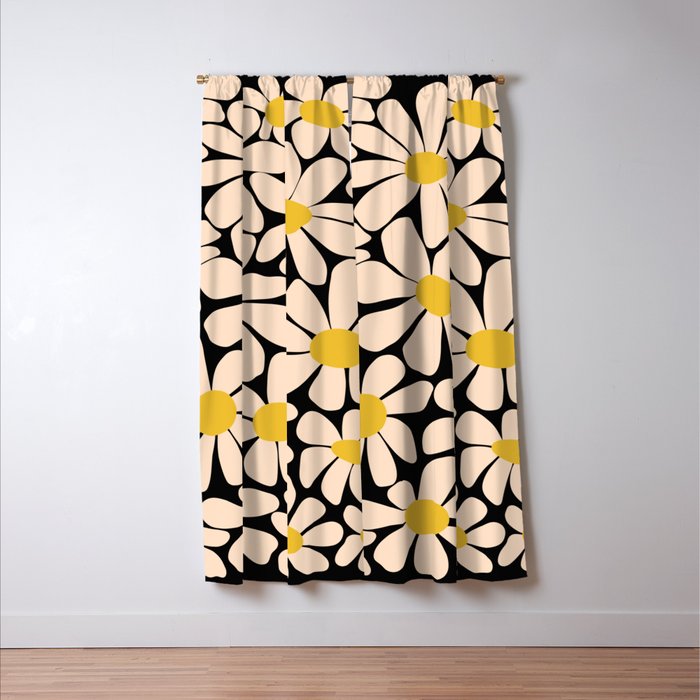 Retro Fun Floral - Off-white, Yellow and Black Window Curtain Gallery Image 3