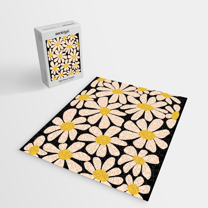 Retro Fun Floral - Off-white, Yellow and Black Jigsaw Puzzle Gallery Image 2