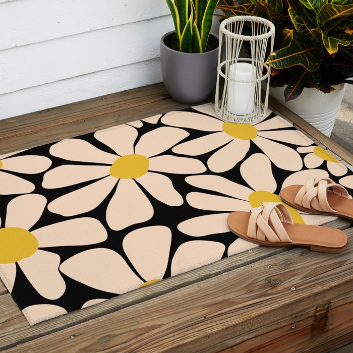 Retro Fun Floral - Off-white, Yellow and Black Outdoor Rug Gallery Image 2