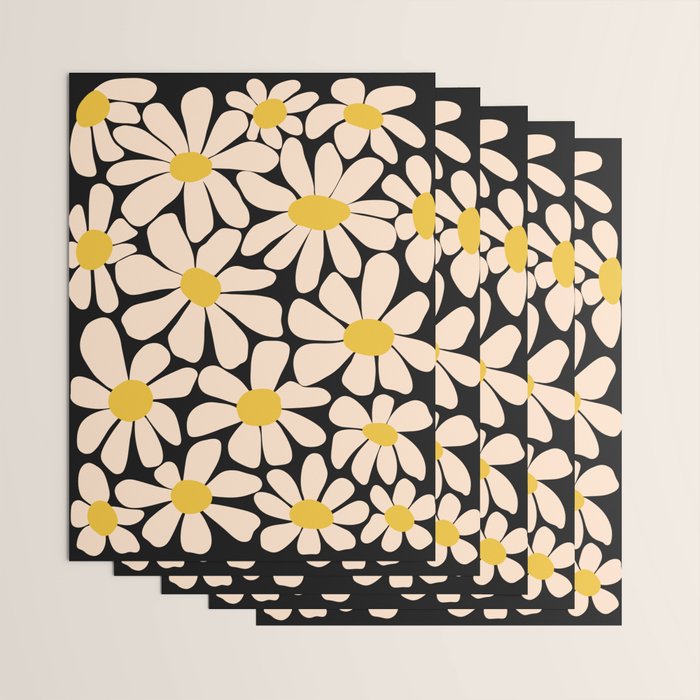Retro Fun Floral - Off-white, Yellow and Black Wrapping Paper Gallery Image 3