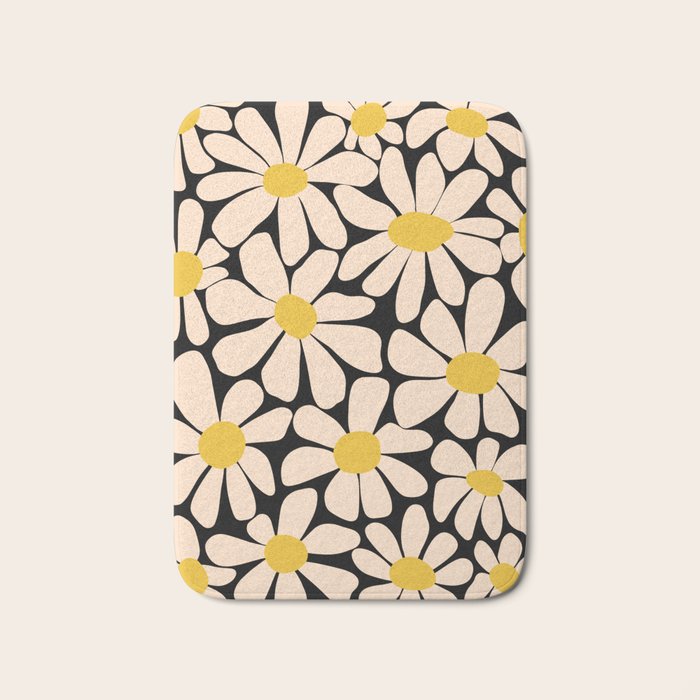 Retro Fun Floral - Off-white, Yellow and Black Bath Mat Gallery Image 1