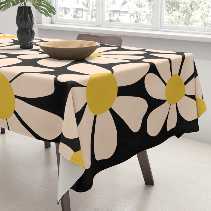 Retro Fun Floral - Off-white, Yellow and Black Tablecloth Gallery Image 3