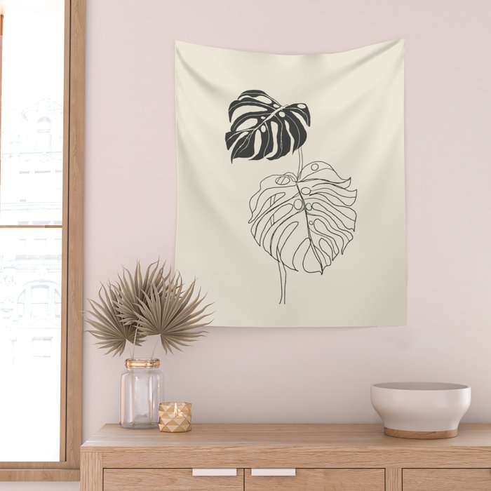 Monstera Leaf Drawing Wall Tapestry Gallery Image 2