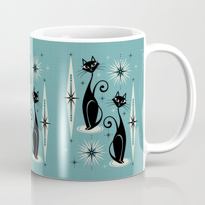 Mid Century Meow Retro Atomic Cats on Blue Coffee Mug Gallery Image 1