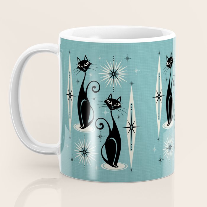 Mid Century Meow Retro Atomic Cats on Blue Coffee Mug Gallery Image 3
