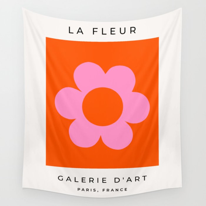 La Fleur | 01 - Retro Floral Print Orange And Pink Aesthetic Preppy Modern Abstract Flower Wall Tapestry Gallery Image 1